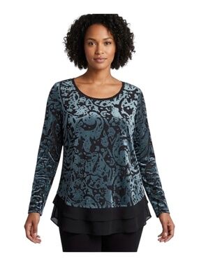 Simply Vera Wang Devore Burnout Velvet Top XL Teal Black Sheer Whimsigoth Moody